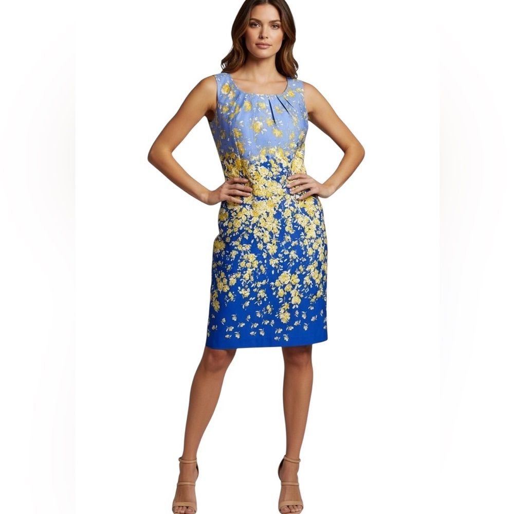 Chetta B Floral Pleated Sheath Dress Blue & Yellow Sleeveless Size 14